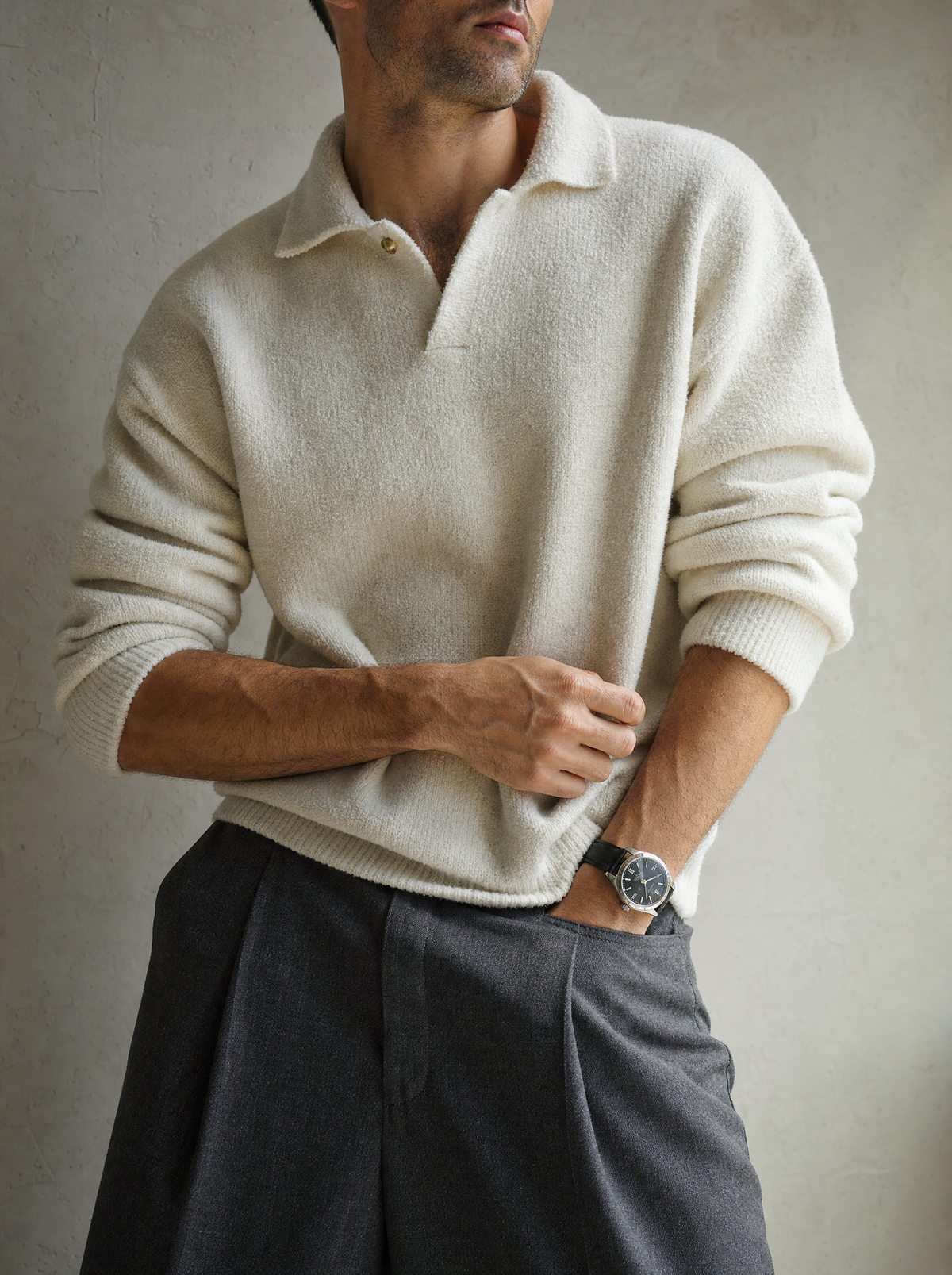 Close-up of the Rowa Kael Polo Knit in cream