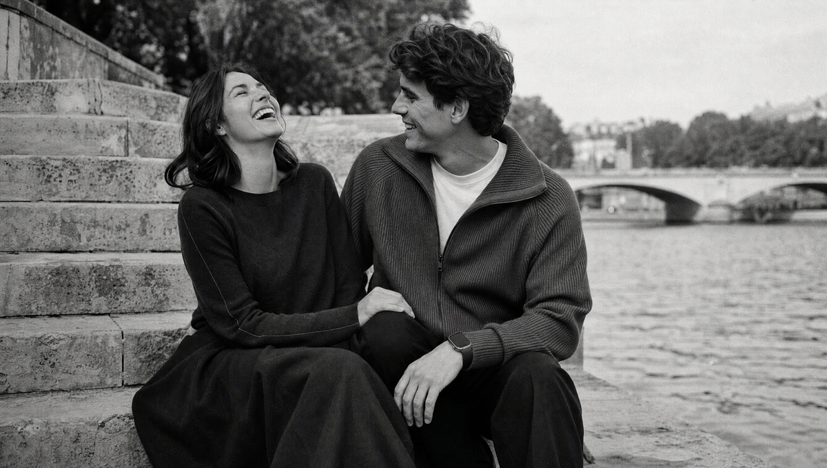 Couple laughing on the Seine quay in Rowa knitwear, black and white