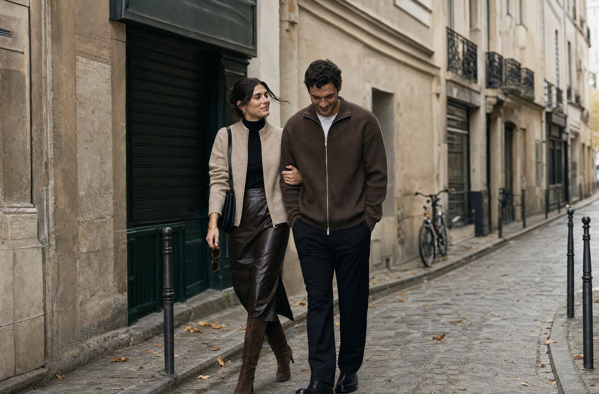 Rowa Fall/Winter 2026 — couple walking in Paris wearing Rowa knitwear